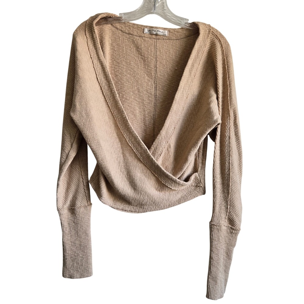 We The Free XS Wrap Front Thermal Womens Tan Excellent Waffle Knit Cropped Top